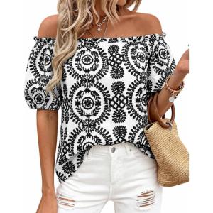 imageBTFBM Off The Shoulder Spring Tops for Women Summer Blouses Boho Floral Short Sleeve Shirts Dressy Casual Outfits 2026Floral White Black