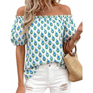 imageBTFBM Off The Shoulder Spring Tops for Women Summer Blouses Boho Floral Short Sleeve Shirts Dressy Casual Outfits 2026Floral White Blue Green