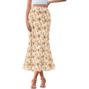 imageBTFBM Satin Skirts for Women Trendy Spring Summer 2026 High Waisted Leopard Print Cocktail Wedding Long Silk Midi SkirtFloral Apricot Brown