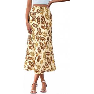 imageBTFBM Satin Skirts for Women Trendy Spring Summer 2026 High Waisted Leopard Print Cocktail Wedding Long Silk Midi SkirtFloral Beige Brown Yellow