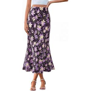 imageBTFBM Satin Skirts for Women Trendy Spring Summer 2026 High Waisted Leopard Print Cocktail Wedding Long Silk Midi SkirtFloral Black Purple