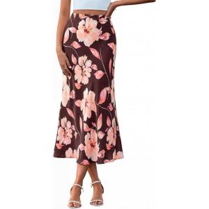 imageBTFBM Satin Skirts for Women Trendy Spring Summer 2026 High Waisted Leopard Print Cocktail Wedding Long Silk Midi SkirtFloral Brown Pink