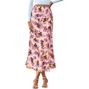 imageBTFBM Satin Skirts for Women Trendy Spring Summer 2026 High Waisted Leopard Print Cocktail Wedding Long Silk Midi SkirtFloral Pink