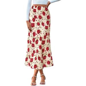 imageBTFBM Satin Skirts for Women Trendy Spring Summer 2026 High Waisted Leopard Print Cocktail Wedding Long Silk Midi SkirtFloral Red