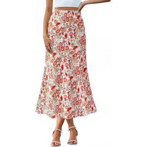 imageBTFBM Satin Skirts for Women Trendy Spring Summer 2026 High Waisted Leopard Print Cocktail Wedding Long Silk Midi SkirtFloral White Red