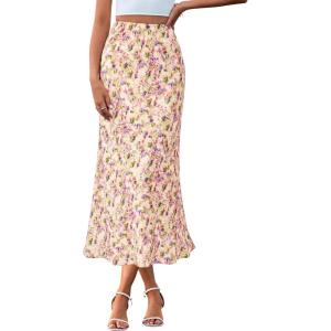 imageBTFBM Satin Skirts for Women Trendy Spring Summer 2026 High Waisted Leopard Print Cocktail Wedding Long Silk Midi SkirtFloral Yellow Pink