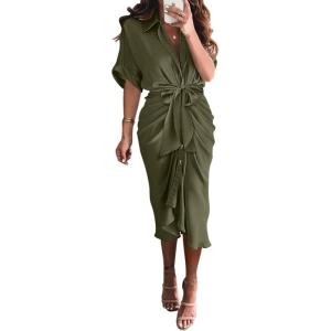 imageBTFBM Shirt Dresses for Women Spring Button Short Sleeve Silk Satin Ruched Maxi Summer Dress 2026 Cocktail Party WeddingArmy Green