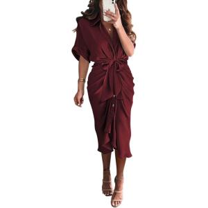 imageBTFBM Shirt Dresses for Women Spring Button Short Sleeve Silk Satin Ruched Maxi Summer Dress 2026 Cocktail Party WeddingDark Wine Red