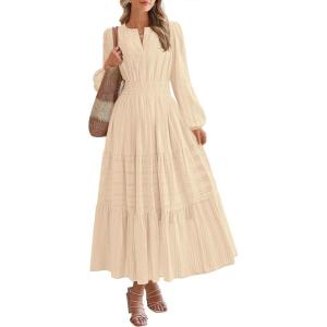 imageBTFBM Spring Dresses for Women 2026 Casual Long Sleeve V Neck Elastic Waist Lightweight Maxi Wedding Guest Dress PocketsApricot