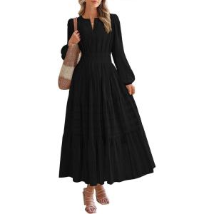 imageBTFBM Spring Dresses for Women 2026 Casual Long Sleeve V Neck Elastic Waist Lightweight Maxi Wedding Guest Dress PocketsBlack