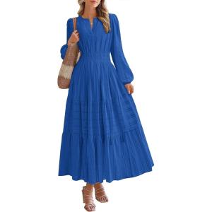 imageBTFBM Spring Dresses for Women 2026 Casual Long Sleeve V Neck Elastic Waist Lightweight Maxi Wedding Guest Dress PocketsBlue