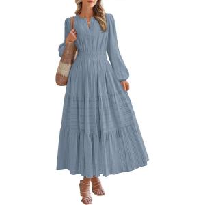 imageBTFBM Spring Dresses for Women 2026 Casual Long Sleeve V Neck Elastic Waist Lightweight Maxi Wedding Guest Dress PocketsBlue Grey