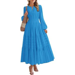 imageBTFBM Spring Dresses for Women 2026 Casual Long Sleeve V Neck Elastic Waist Lightweight Maxi Wedding Guest Dress PocketsBrilliant Blue