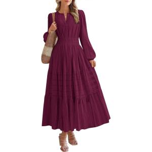 imageBTFBM Spring Dresses for Women 2026 Casual Long Sleeve V Neck Elastic Waist Lightweight Maxi Wedding Guest Dress PocketsBurgundy