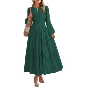 imageBTFBM Spring Dresses for Women 2026 Casual Long Sleeve V Neck Elastic Waist Lightweight Maxi Wedding Guest Dress PocketsHunter Green