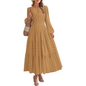 imageBTFBM Spring Dresses for Women 2026 Casual Long Sleeve V Neck Elastic Waist Lightweight Maxi Wedding Guest Dress PocketsKhaki