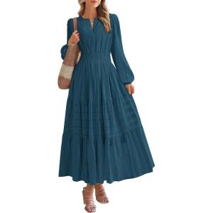 imageBTFBM Spring Dresses for Women 2026 Casual Long Sleeve V Neck Elastic Waist Lightweight Maxi Wedding Guest Dress PocketsLake Blue