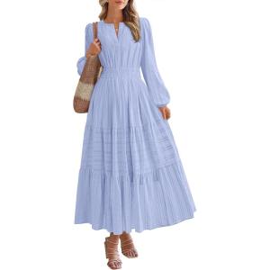 imageBTFBM Spring Dresses for Women 2026 Casual Long Sleeve V Neck Elastic Waist Lightweight Maxi Wedding Guest Dress PocketsLight Blue