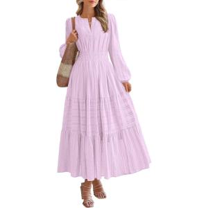 imageBTFBM Spring Dresses for Women 2026 Casual Long Sleeve V Neck Elastic Waist Lightweight Maxi Wedding Guest Dress PocketsLight Pink Purple
