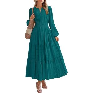 imageBTFBM Spring Dresses for Women 2026 Casual Long Sleeve V Neck Elastic Waist Lightweight Maxi Wedding Guest Dress PocketsMalachite Green
