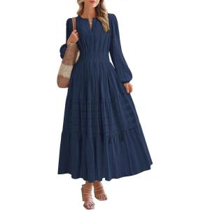 imageBTFBM Spring Dresses for Women 2026 Casual Long Sleeve V Neck Elastic Waist Lightweight Maxi Wedding Guest Dress PocketsNavy