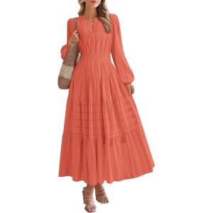 imageBTFBM Spring Dresses for Women 2026 Casual Long Sleeve V Neck Elastic Waist Lightweight Maxi Wedding Guest Dress PocketsOrange