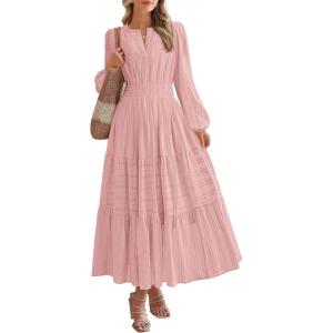 imageBTFBM Spring Dresses for Women 2026 Casual Long Sleeve V Neck Elastic Waist Lightweight Maxi Wedding Guest Dress PocketsPink