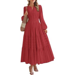 imageBTFBM Spring Dresses for Women 2026 Casual Long Sleeve V Neck Elastic Waist Lightweight Maxi Wedding Guest Dress PocketsRed