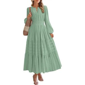 imageBTFBM Spring Dresses for Women 2026 Casual Long Sleeve V Neck Elastic Waist Lightweight Maxi Wedding Guest Dress PocketsSage Green