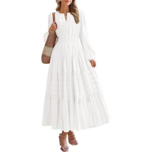 imageBTFBM Spring Dresses for Women 2026 Casual Long Sleeve V Neck Elastic Waist Lightweight Maxi Wedding Guest Dress PocketsWhite