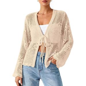imageBTFBM Summer Cardigans for Women Lightweight 2026 Spring Crochet Mesh Long Sleeve Tie Front Knit Beach Vacation OutfitsApricot