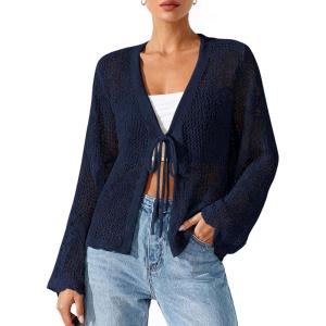 imageBTFBM Summer Cardigans for Women Lightweight 2026 Spring Crochet Mesh Long Sleeve Tie Front Knit Beach Vacation OutfitsNavy Blue