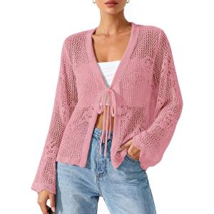 imageBTFBM Summer Cardigans for Women Lightweight 2026 Spring Crochet Mesh Long Sleeve Tie Front Knit Beach Vacation OutfitsPink