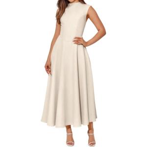 imageBTFBM Summer Dresses for Women 2026 Mock Neck Sleeveless High Waist Flowy Aline Maxi Spring Wedding Guest Dress CocktailBeige