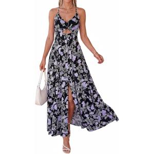 imageBTFBM Summer Dresses for Women 2026 Spring Floral Spaghetti Strap Smocked Cutout Maxi Dress Resort Beach Vacation OutfitFloral Black Purple