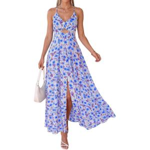 imageBTFBM Summer Dresses for Women 2026 Spring Floral Spaghetti Strap Smocked Cutout Maxi Dress Resort Beach Vacation OutfitFloral Blue