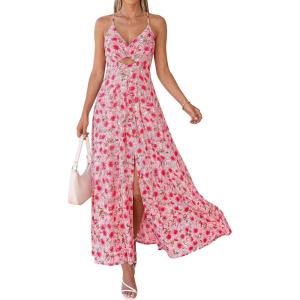 imageBTFBM Summer Dresses for Women 2026 Spring Floral Spaghetti Strap Smocked Cutout Maxi Dress Resort Beach Vacation OutfitFloral Red