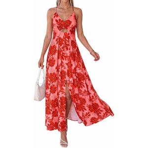 imageBTFBM Summer Dresses for Women 2026 Spring Floral Spaghetti Strap Smocked Cutout Maxi Dress Resort Beach Vacation OutfitFloral Watermelon Red