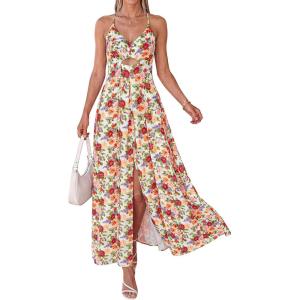 imageBTFBM Summer Dresses for Women 2026 Spring Floral Spaghetti Strap Smocked Cutout Maxi Dress Resort Beach Vacation OutfitFloral White Multi