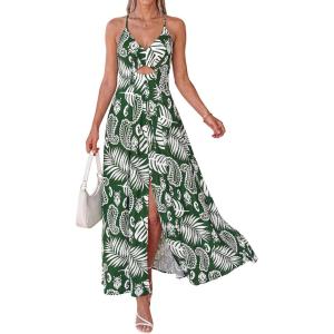 imageBTFBM Summer Dresses for Women 2026 Spring Floral Spaghetti Strap Smocked Cutout Maxi Dress Resort Beach Vacation OutfitLeaves Green