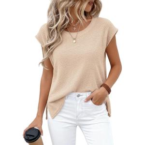 imageBTFBM Sweater Vest Women 2026 Spring Summer Cap Sleeve Crew Neck Casual Loose Business Tops Western Vacation OutfitsApricot