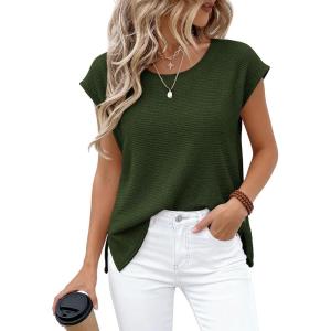 imageBTFBM Sweater Vest Women 2026 Spring Summer Cap Sleeve Crew Neck Casual Loose Business Tops Western Vacation OutfitsArmy Green