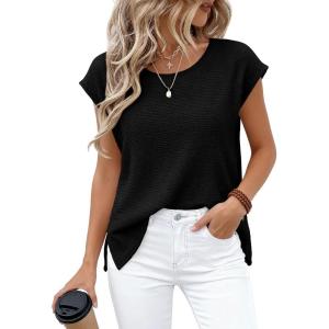 imageBTFBM Sweater Vest Women 2026 Spring Summer Cap Sleeve Crew Neck Casual Loose Business Tops Western Vacation OutfitsBlack