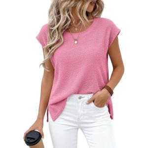 imageBTFBM Sweater Vest Women 2026 Spring Summer Cap Sleeve Crew Neck Casual Loose Business Tops Western Vacation OutfitsPink