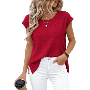 imageBTFBM Sweater Vest Women 2026 Spring Summer Cap Sleeve Crew Neck Casual Loose Business Tops Western Vacation OutfitsRed