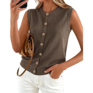 imageBTFBM Sweater Vest Women Casual Crewneck Button Down Knit Sleeveless Cardigan 2026 Spring Clothes Summer Vests TopsGrey Brown