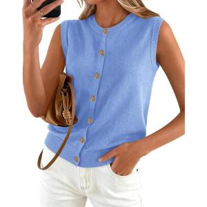 imageBTFBM Sweater Vest Women Casual Crewneck Button Down Knit Sleeveless Cardigan 2026 Spring Clothes Summer Vests TopsLight Blue