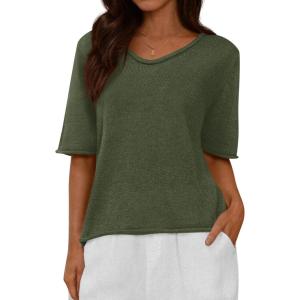 imageBTFBM Sweaters for Women 2026 Summer Oversized Half Short Sleeve Knitted Pullover V Neck Casual Loose Fit Spring TopsArmy Green