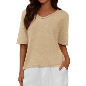 imageBTFBM Sweaters for Women 2026 Summer Oversized Half Short Sleeve Knitted Pullover V Neck Casual Loose Fit Spring TopsBeige