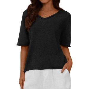 imageBTFBM Sweaters for Women 2026 Summer Oversized Half Short Sleeve Knitted Pullover V Neck Casual Loose Fit Spring TopsBlack